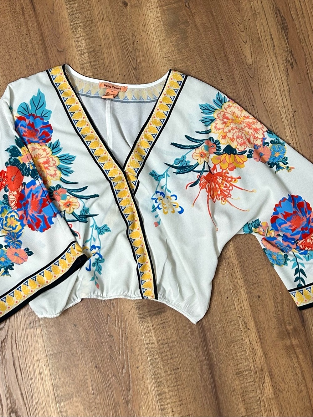 Flying Tomato White Floral V-Neck Cropped Blouse with Yellow Trim